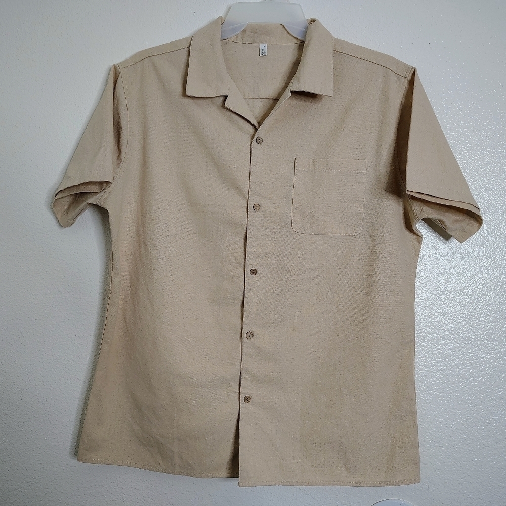 Coofandy Men's Beige Short Sleeve Shirt Linen Blend Sz L Pocket Chest